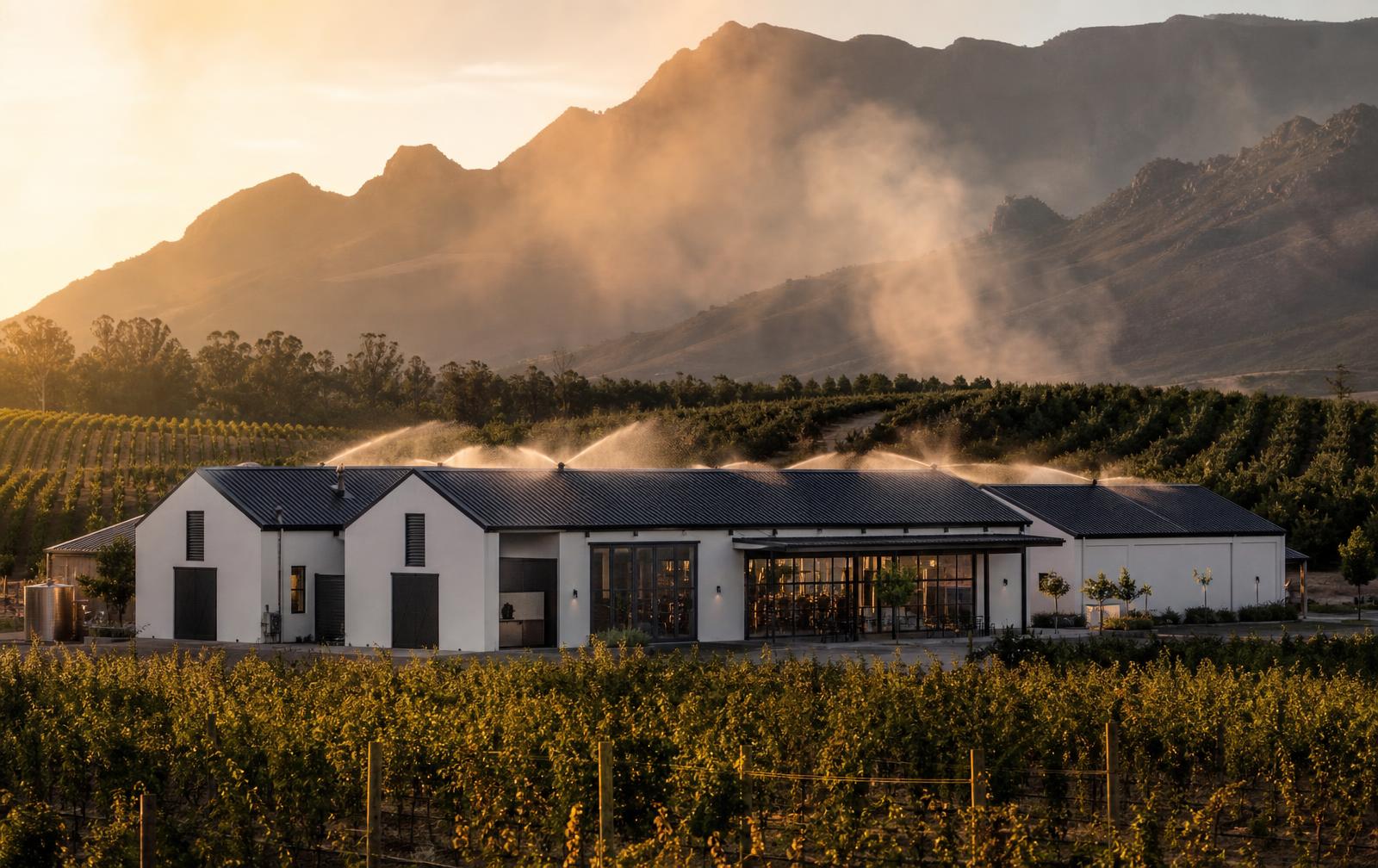 Vineyards and olive orchards surrounding a farm barn and packhouse with smoke haze on the ridge