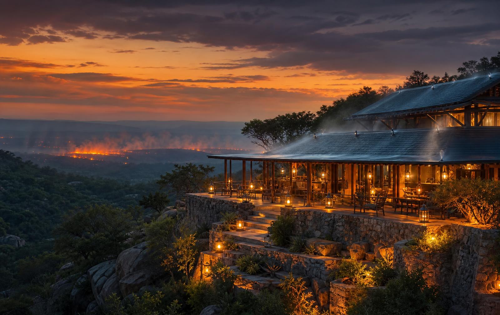 Luxury safari lodge suites and infinity pool at dusk above open savanna